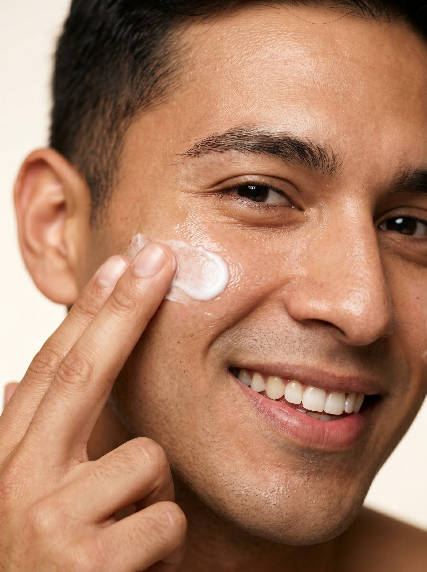 Hombre aplicando crema humectante sobre su rostro
